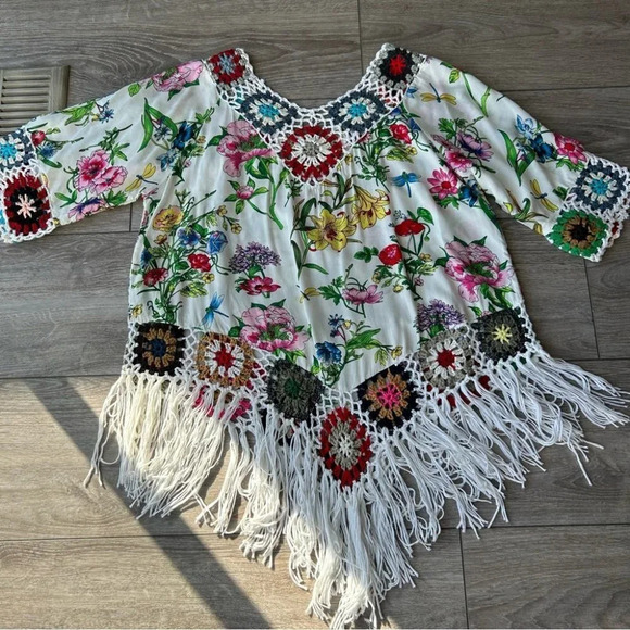 V Neck Kaftan Ruffle Sleeve Crochet Trim Bohemian Top With Fringe - Picture 10 of 13